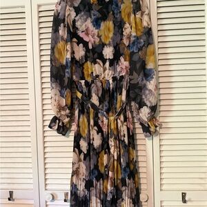 Versona Black Floral Pleated Long Sleeve Midi Dress with Yellow & Blue Blooms